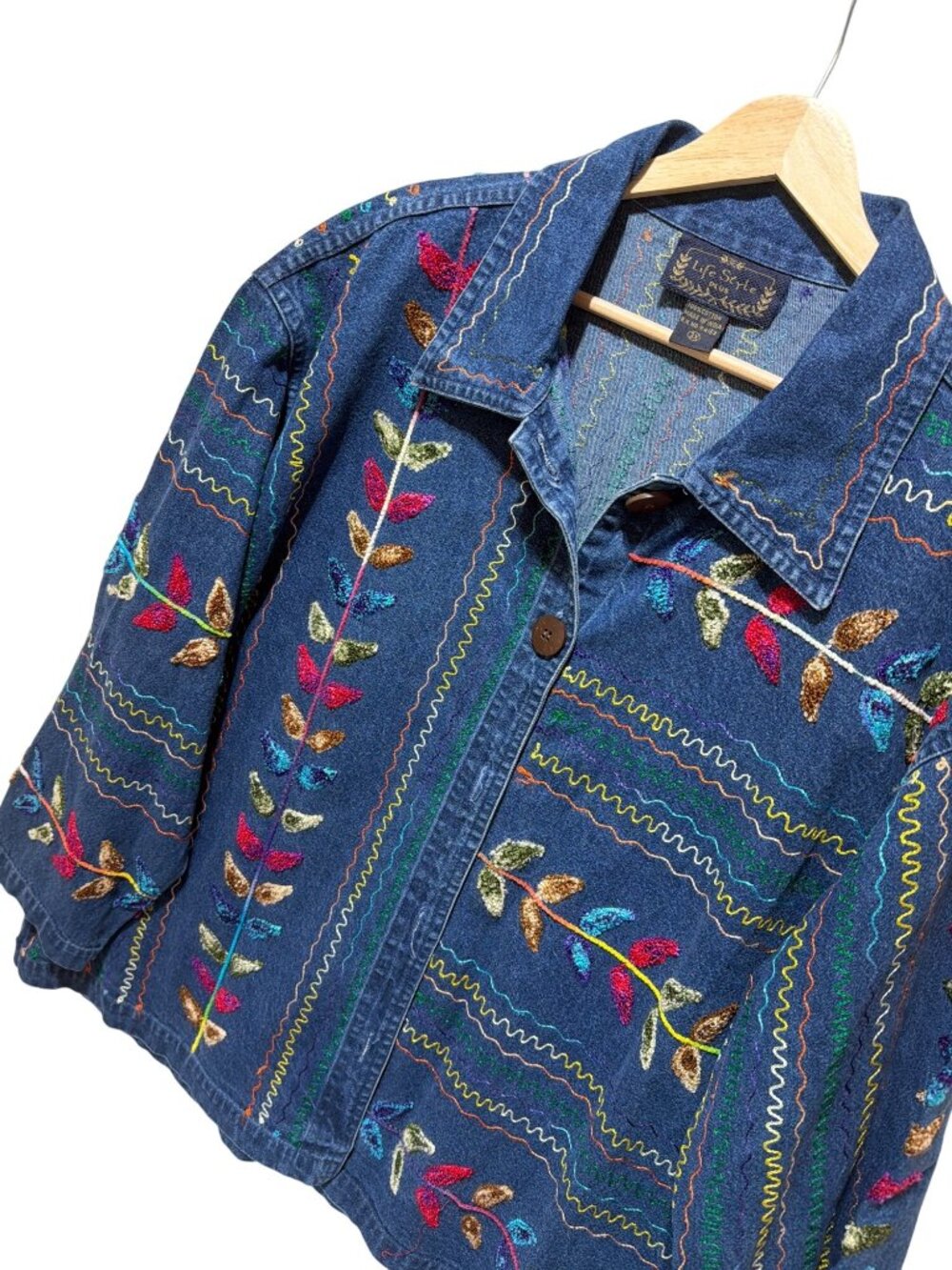 Life Style Plus Vintage 90s Colorful Embroidered Denim Jacket Shacket With Butto